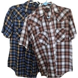 Plains Western Wear Snap Button Shirt Men's Small S/S Lot Of 2 Brown Blue Plaid